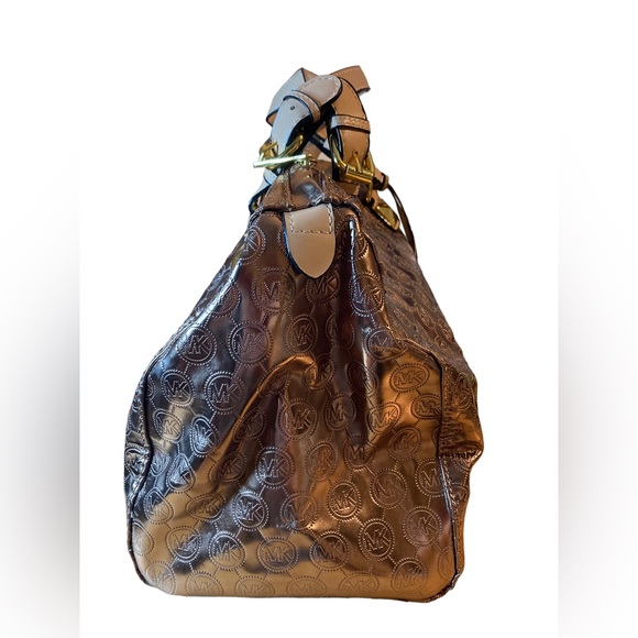 Michael Kors MK Monogrammed Shiny Gold Metallic Large Duffel Tote Purse Bag - Picture 5 of 14